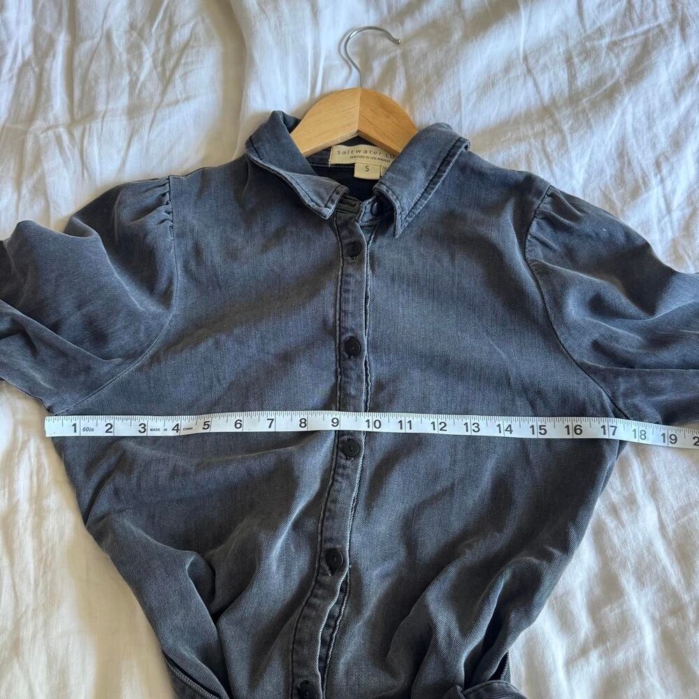 Saltwater Luxe Grey Acid Wash Collared Long Bubble Sleeve Tie Waist Dress Small - Picture 7 of 8